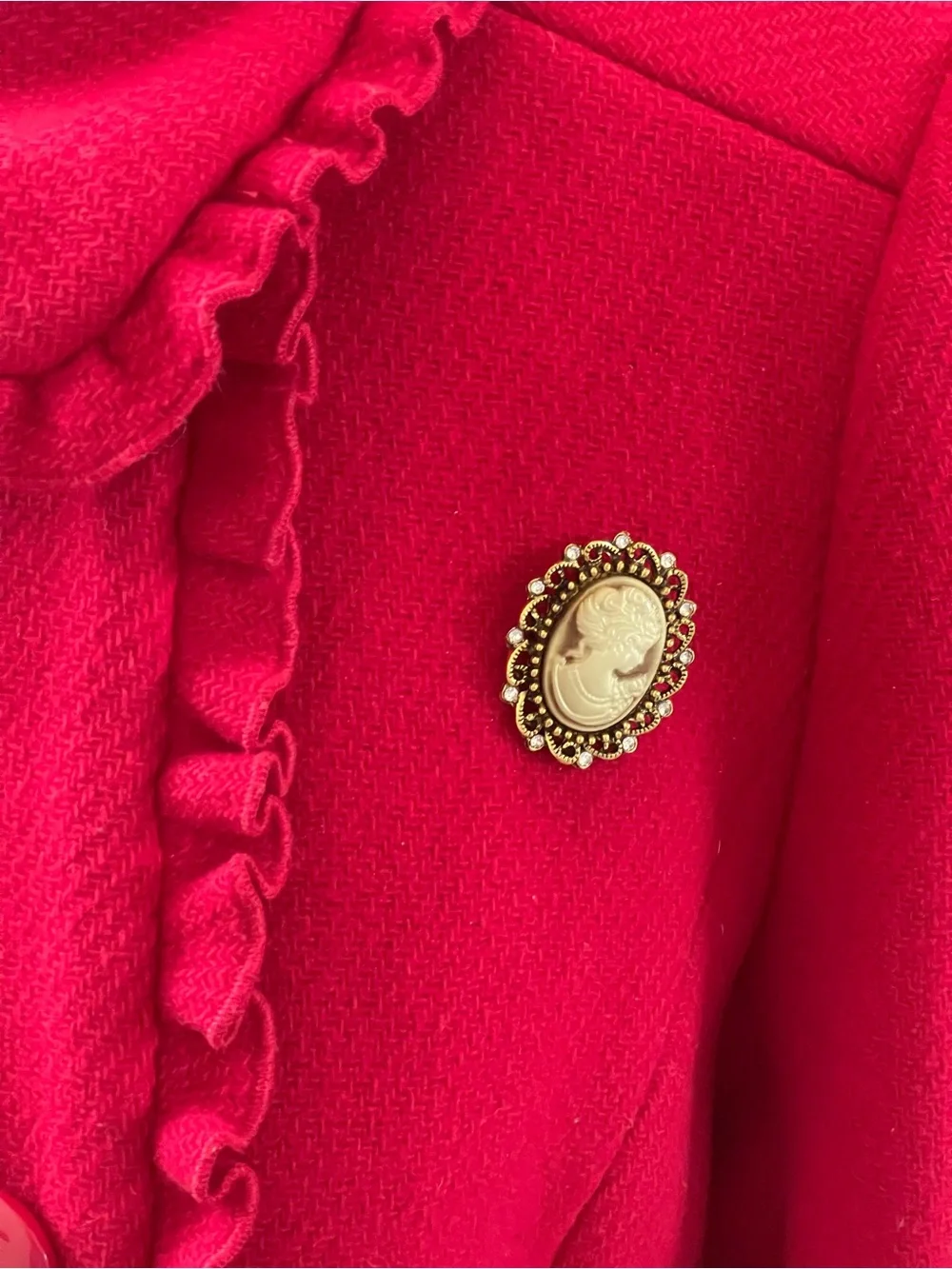 Kate Spade New York RUFFLE TRIM BOW BACK COAT IN CHARM RED